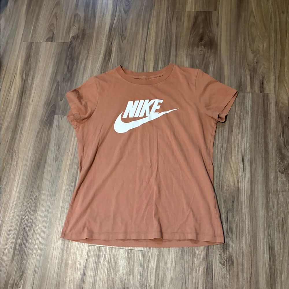 Nike Women's Rust-Orange Crew Neck Tee with White Logo